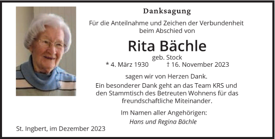 Todesanzeige von Rita Bächle von saarbruecker_zeitung