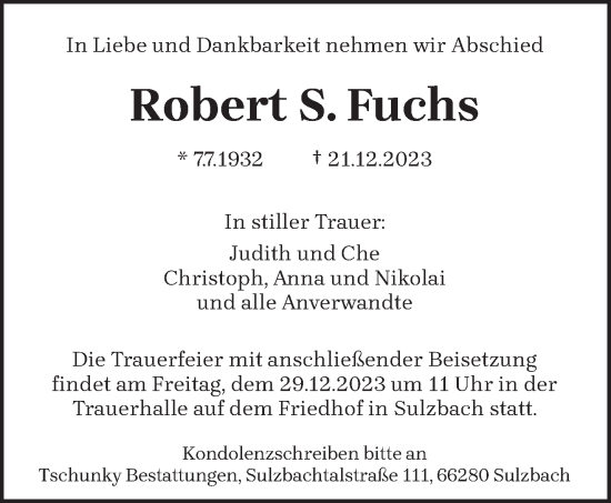 Todesanzeige von Robert S. Fuchs von saarbruecker_zeitung