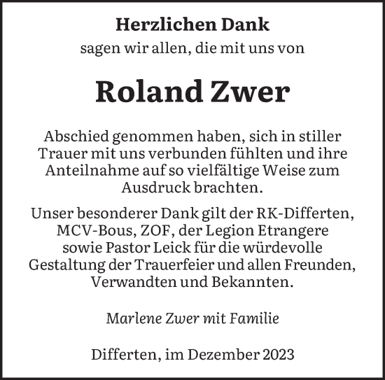Todesanzeige von Roland Zwer von saarbruecker_zeitung