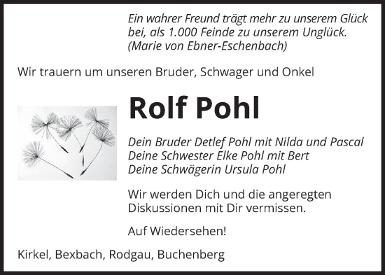 Todesanzeige von Rolf Pohl von saarbruecker_zeitung