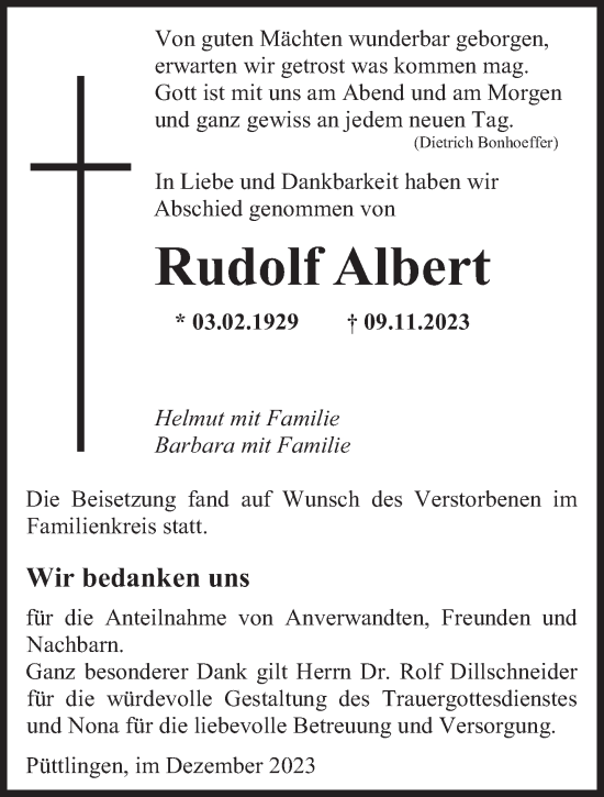 Todesanzeige von Rudolf Albert von saarbruecker_zeitung