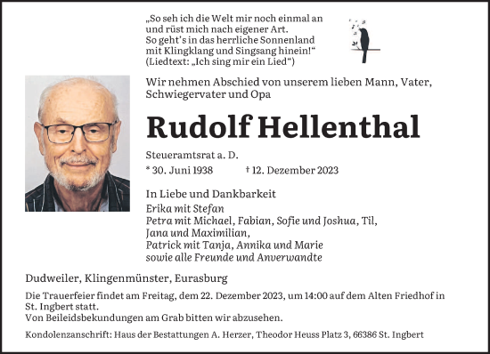 Todesanzeige von Rudolf Hellenthal von saarbruecker_zeitung