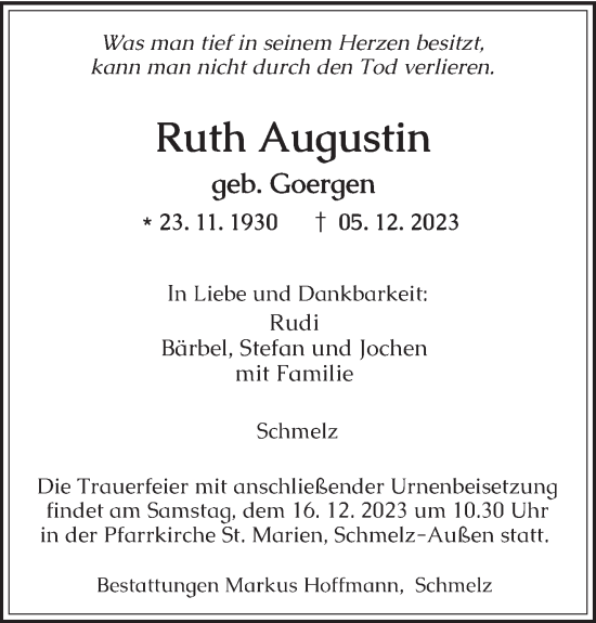 Todesanzeige von Ruth Augustin von saarbruecker_zeitung
