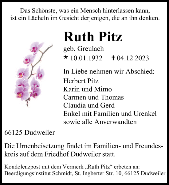 Todesanzeige von Ruth Pitz von saarbruecker_zeitung
