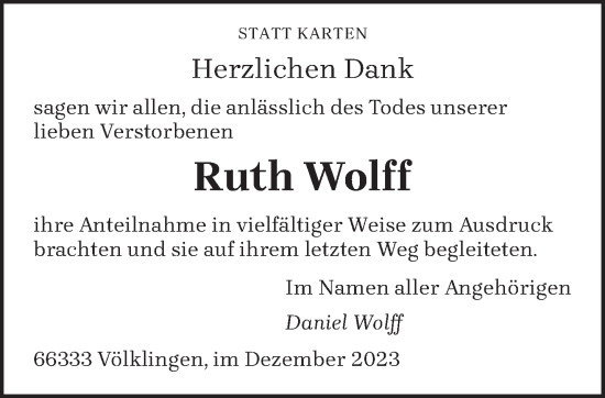 Todesanzeige von Ruth Wolff von saarbruecker_zeitung