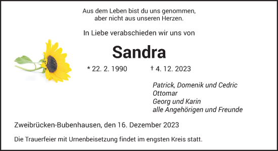 Todesanzeige von Sandra  von saarbruecker_zeitung