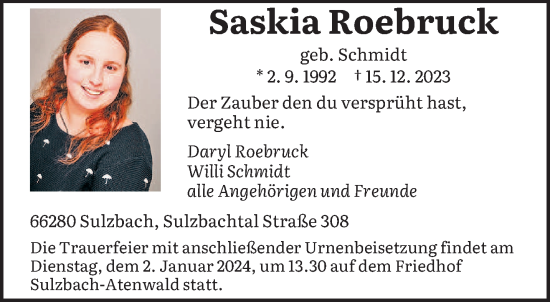 Todesanzeige von Saskia Roebruck von saarbruecker_zeitung
