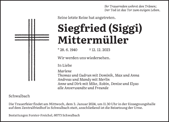 Todesanzeige von Siegfried Mittermüller von saarbruecker_zeitung