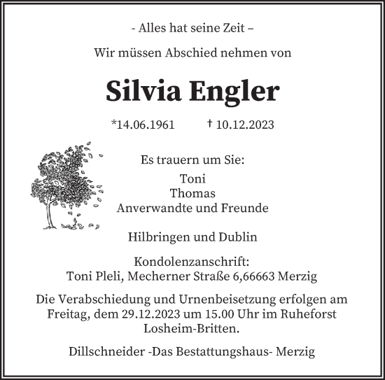 Todesanzeige von Silvia Engler von saarbruecker_zeitung