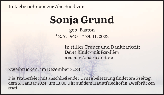 Todesanzeige von Sonja Grund von saarbruecker_zeitung