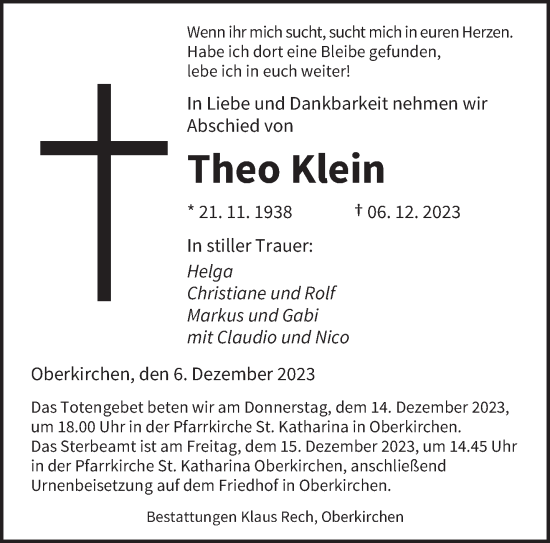 Todesanzeige von Theo Klein von saarbruecker_zeitung