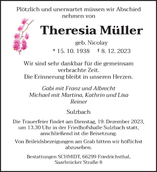 Todesanzeige von Theresia Müller von saarbruecker_zeitung