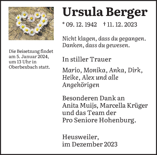 Todesanzeige von Ursula Berger von saarbruecker_zeitung