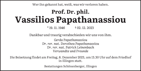Todesanzeige von Vassilios Papathanassiou von saarbruecker_zeitung