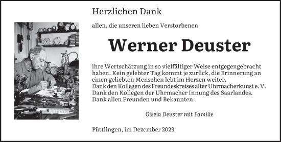 Todesanzeige von Werner Deuster von saarbruecker_zeitung