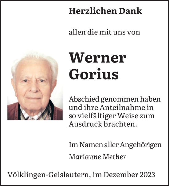 Todesanzeige von Werner Gorius von saarbruecker_zeitung