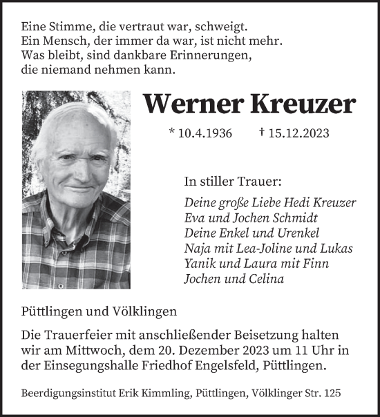 Todesanzeige von Werner Kreuzer von saarbruecker_zeitung