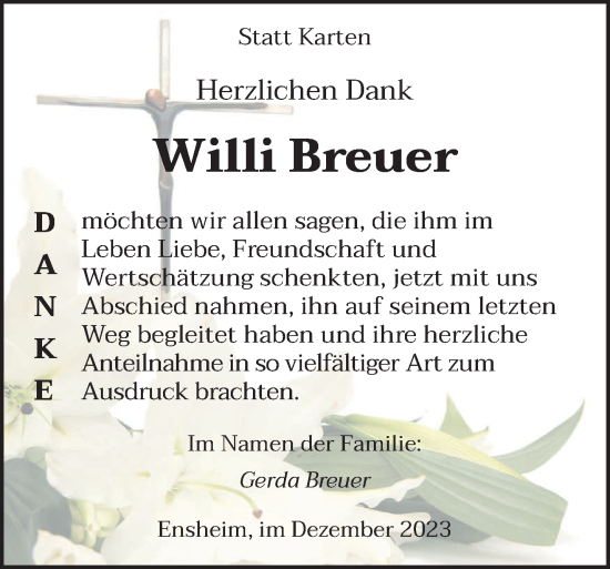 Todesanzeige von Willi Breuer von saarbruecker_zeitung