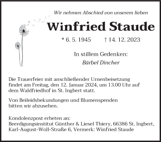 Todesanzeige von Winfried Staude von saarbruecker_zeitung