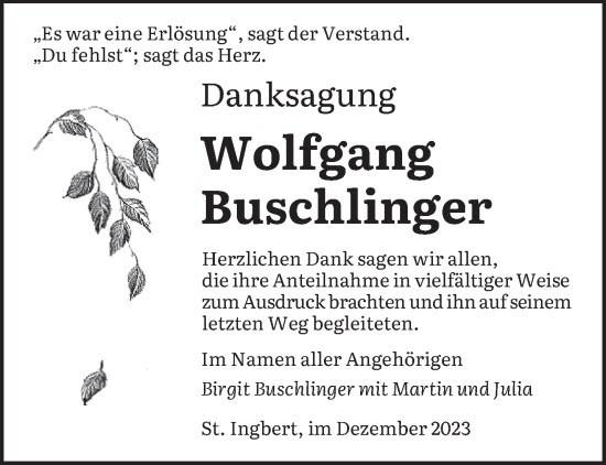 Todesanzeige von Wolfgang Buschlinger von saarbruecker_zeitung