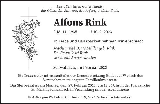 Todesanzeige von Alfons Rink von saarbruecker_zeitung