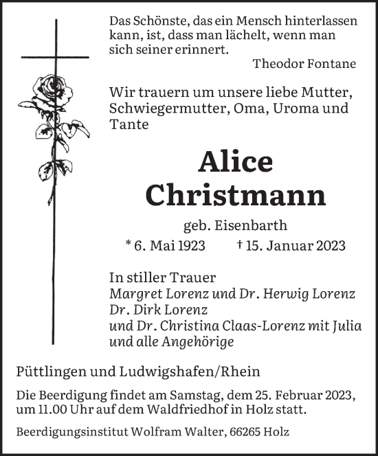 Todesanzeige von Alice Christmann von saarbruecker_zeitung