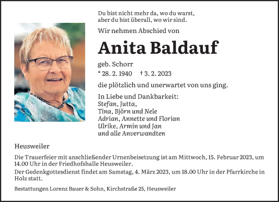 Todesanzeige von Anita Baldauf von saarbruecker_zeitung
