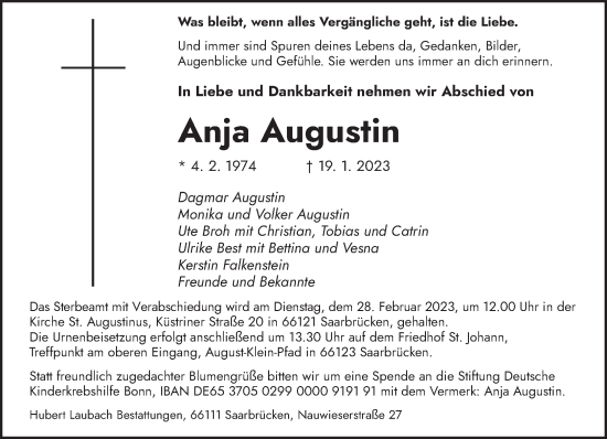Todesanzeige von Anja Augustin von saarbruecker_zeitung