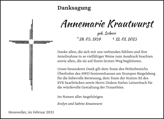 Todesanzeige von Annemarie Krautwurst von saarbruecker_zeitung