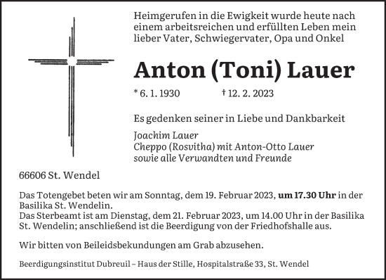 Todesanzeige von Anton Lauer von saarbruecker_zeitung