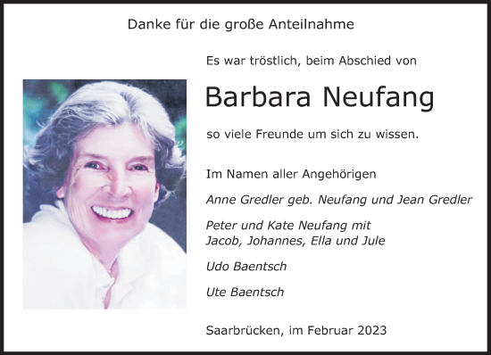 Todesanzeige von Barbara Neufang von saarbruecker_zeitung
