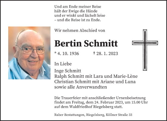 Todesanzeige von Bertin Schmitt von saarbruecker_zeitung