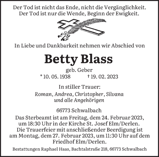 Todesanzeige von Betty Blass von saarbruecker_zeitung