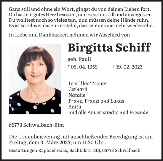 Todesanzeige von Birgitta Schiff von saarbruecker_zeitung