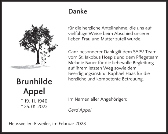 Todesanzeige von Brunhilde Appel von saarbruecker_zeitung