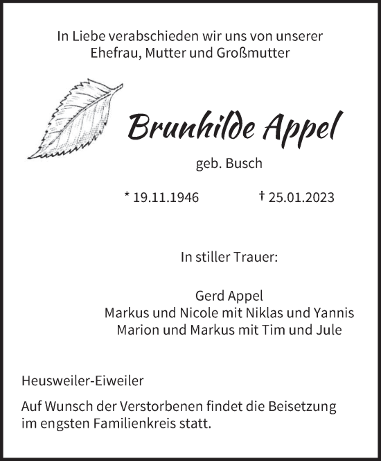 Todesanzeige von Brunhilde Appel von saarbruecker_zeitung