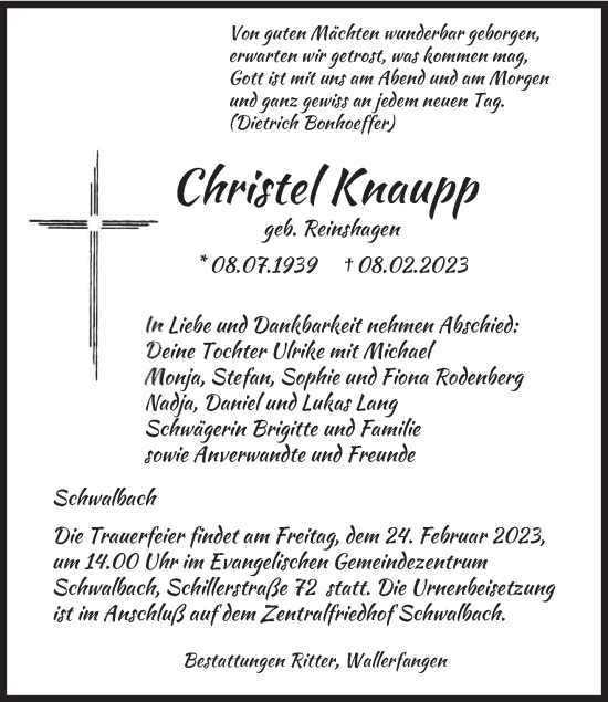 Todesanzeige von Christel Knaupp von saarbruecker_zeitung