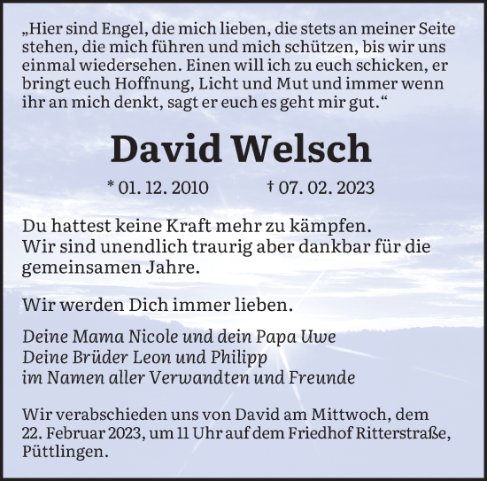 Todesanzeige von David Welsch von saarbruecker_zeitung