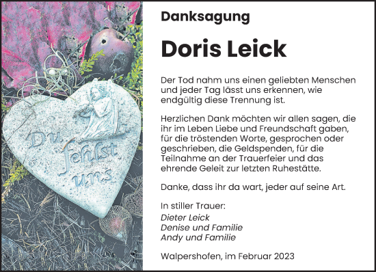 Todesanzeige von Doris Leick von saarbruecker_zeitung