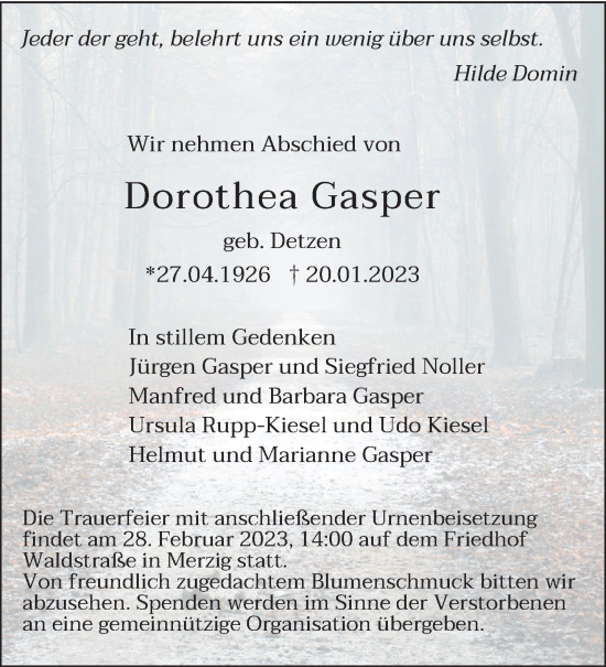 Todesanzeige von Dorothea Gasper von saarbruecker_zeitung