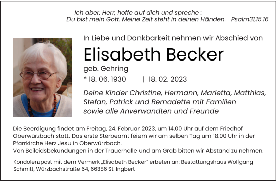 Todesanzeige von Elisabeth Becker von saarbruecker_zeitung
