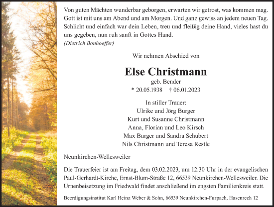 Todesanzeige von Else Christmann von saarbruecker_zeitung