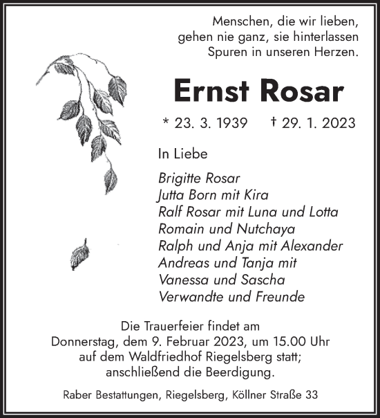 Todesanzeige von Ernst Rosar von saarbruecker_zeitung