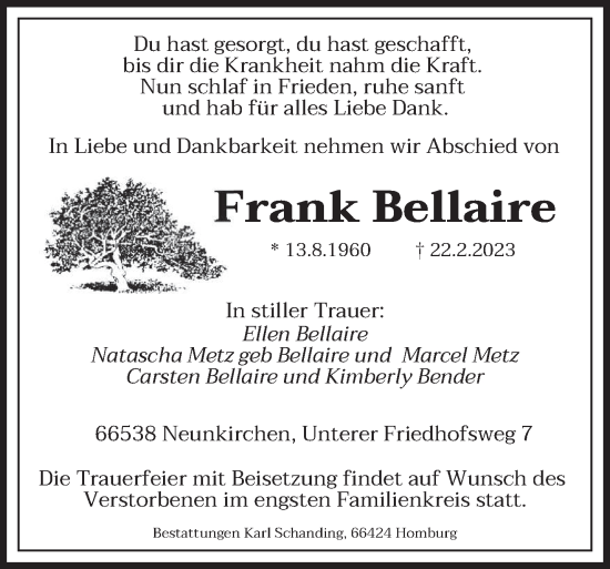 Todesanzeige von Frank Bellaire von saarbruecker_zeitung