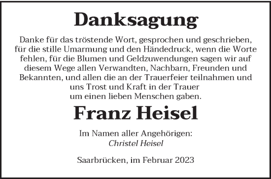 Todesanzeige von Franz Heisel von saarbruecker_zeitung