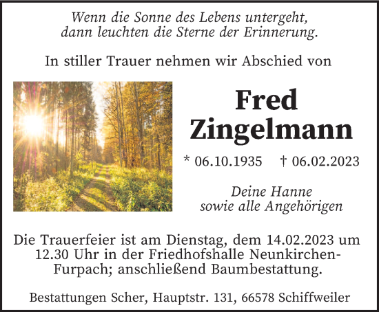 Todesanzeige von Fred Zingelmann von saarbruecker_zeitung