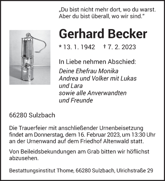 Todesanzeige von Gerhard Becker von saarbruecker_zeitung