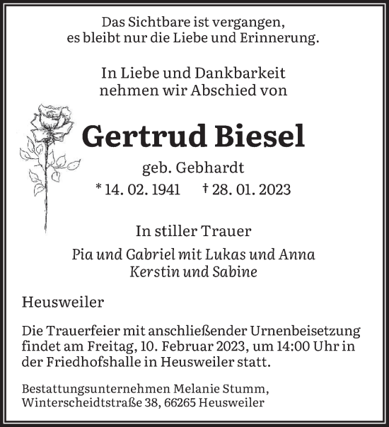 Todesanzeige von Gertrud Biesel von saarbruecker_zeitung