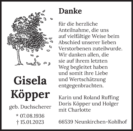 Todesanzeige von Gisela Köpper von saarbruecker_zeitung