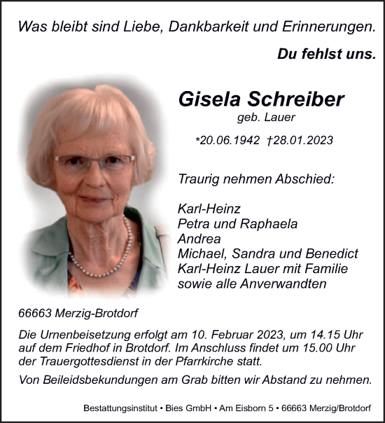 Todesanzeige von Gisela Schreiber von saarbruecker_zeitung